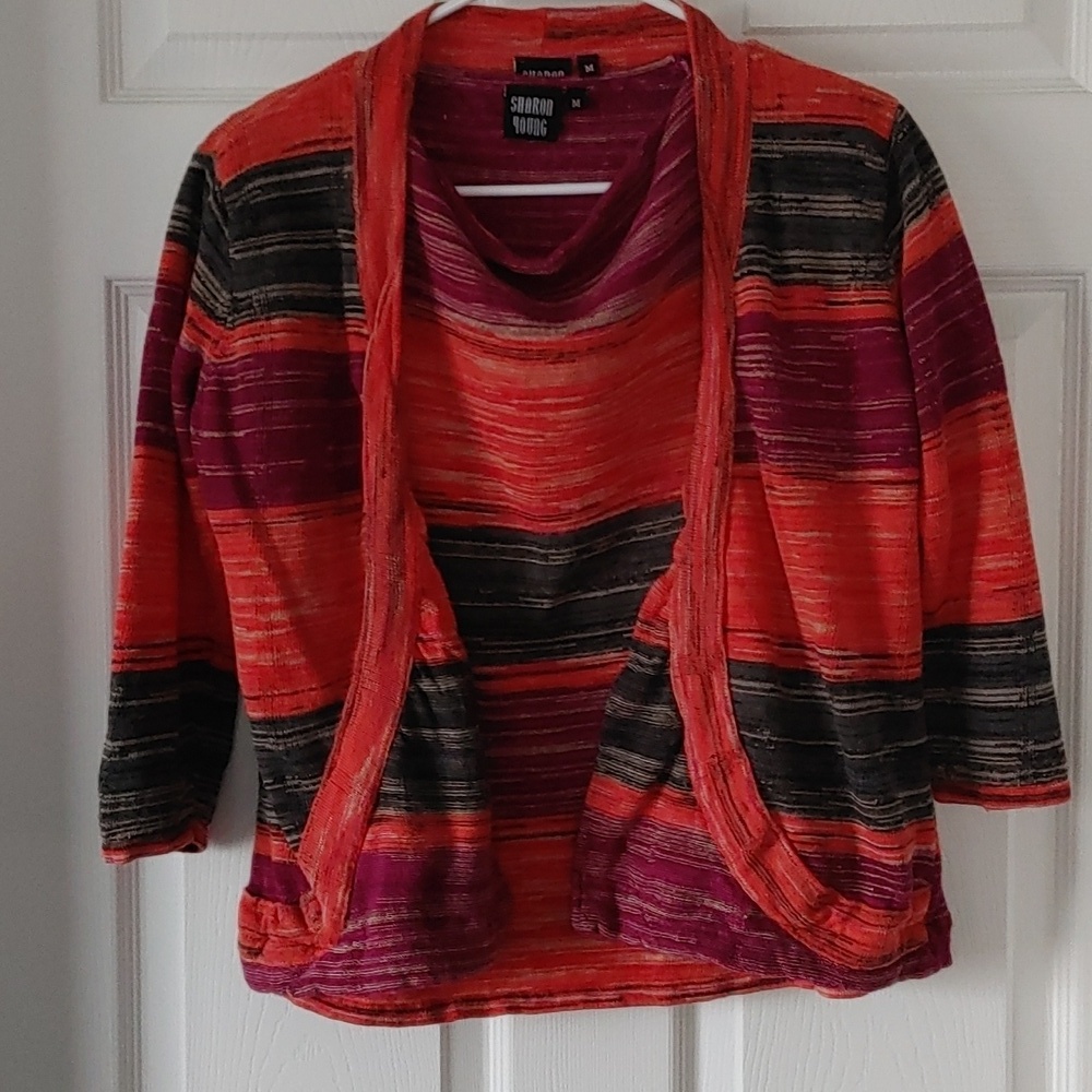 Sharon Young 2 pc set Short Sleeve Sweater With Matching Cardigan Sz Medium